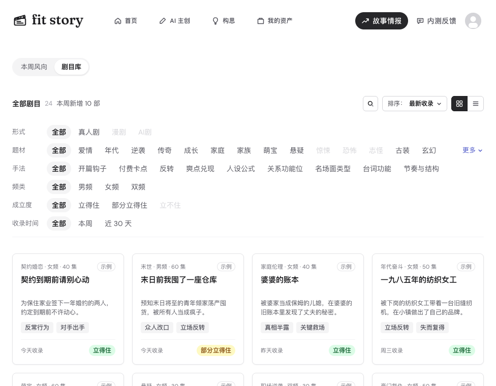 故事情报·剧目库：按题材、手法、频类、成立度筛选